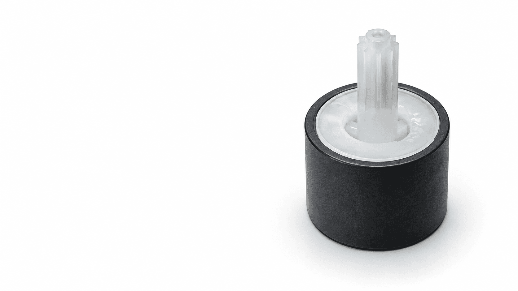 Studio visualization of a bonded NdFeB rotor assembly with a black magnet ring and translucent gear shaft